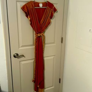 Golden yellow wrap dress size XS velour with braided rope waist.